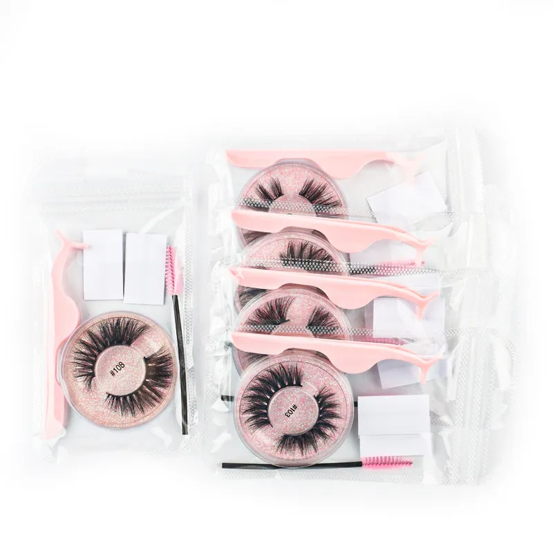 3D Mink Fake Eyelashes Makeup False Soft Eyelash Extension with Eyelash Tweezer Lash Brush Self-adhesive Strips