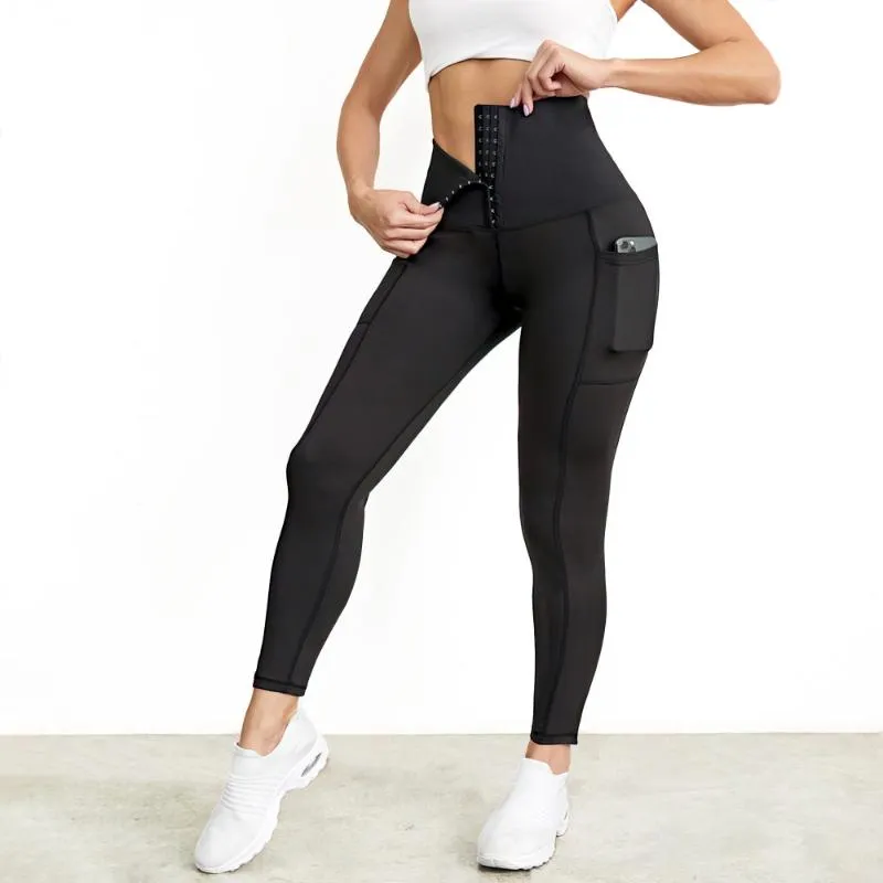 Kvinnors Leggings Hög midja Fitness Kvinnor Med Fickor Push Up Kompression Legging Träning Flickor Aktivkläder Svarta Gym KläderDam