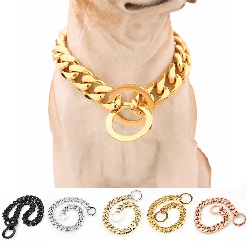 15mm Solid Dog Chain Collar Stainless Steel Necklace Dogs Training Metal Strong P Choker Pet s for Pitbulls 220510