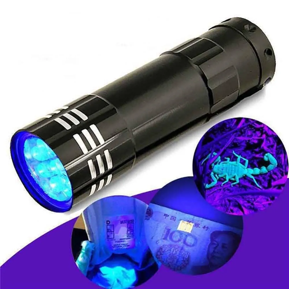 Mini UV Ultra Violett 9 LED ficklampa Torch aluminium lampa utomhus bärbart taktiskt belysningsverktyg