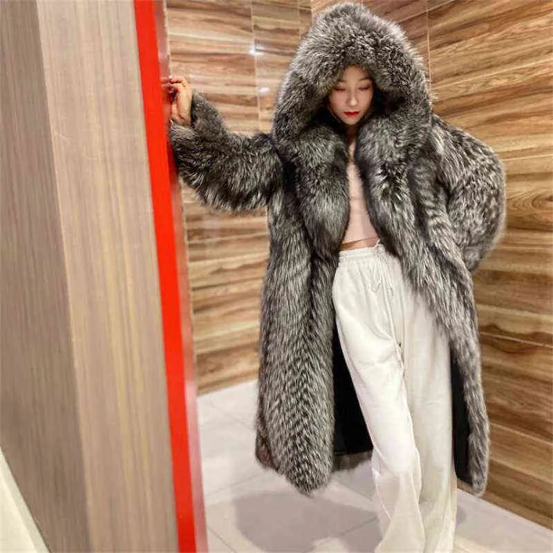 New ladies fur coat womens imitation fur long clothes grey fashion hooded autumn winter T220810