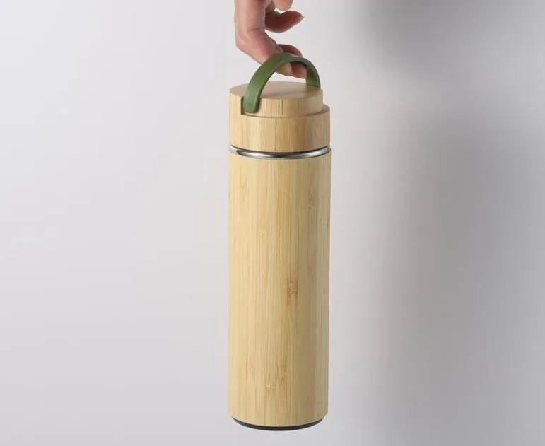 Bamboo Vacuum Insulated Water Bottles 450ml Stainless Steel Thermos with Tea Strainer for Office SN6322