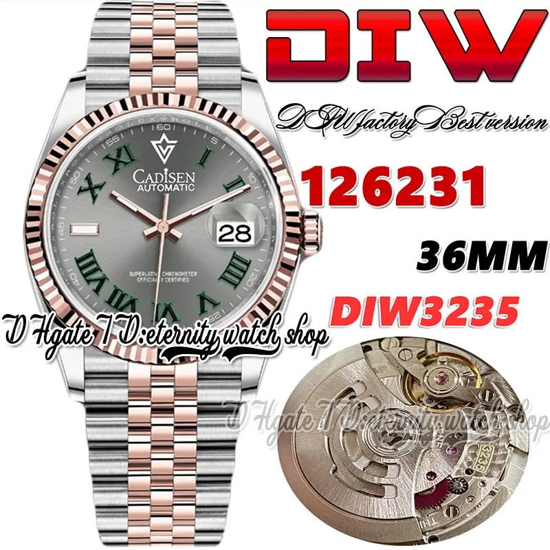 DIW DIW126231 SA3235 Automatisk herrklocka 36 Two Tone Rose Gold Fluted Bezel Grey Dial Green Roman Markers 904L Jubileesteel Armband Super Edition Eternity Watches