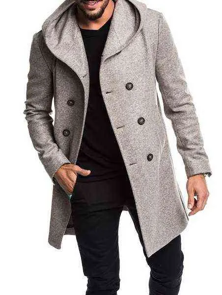 Men's Wool Blends Fashion Men Hooded Long Sleeve Winter Warm High Quality Wool Coat Parka Hooded Collar Trench Outwear Overcoat Long Jacket Top