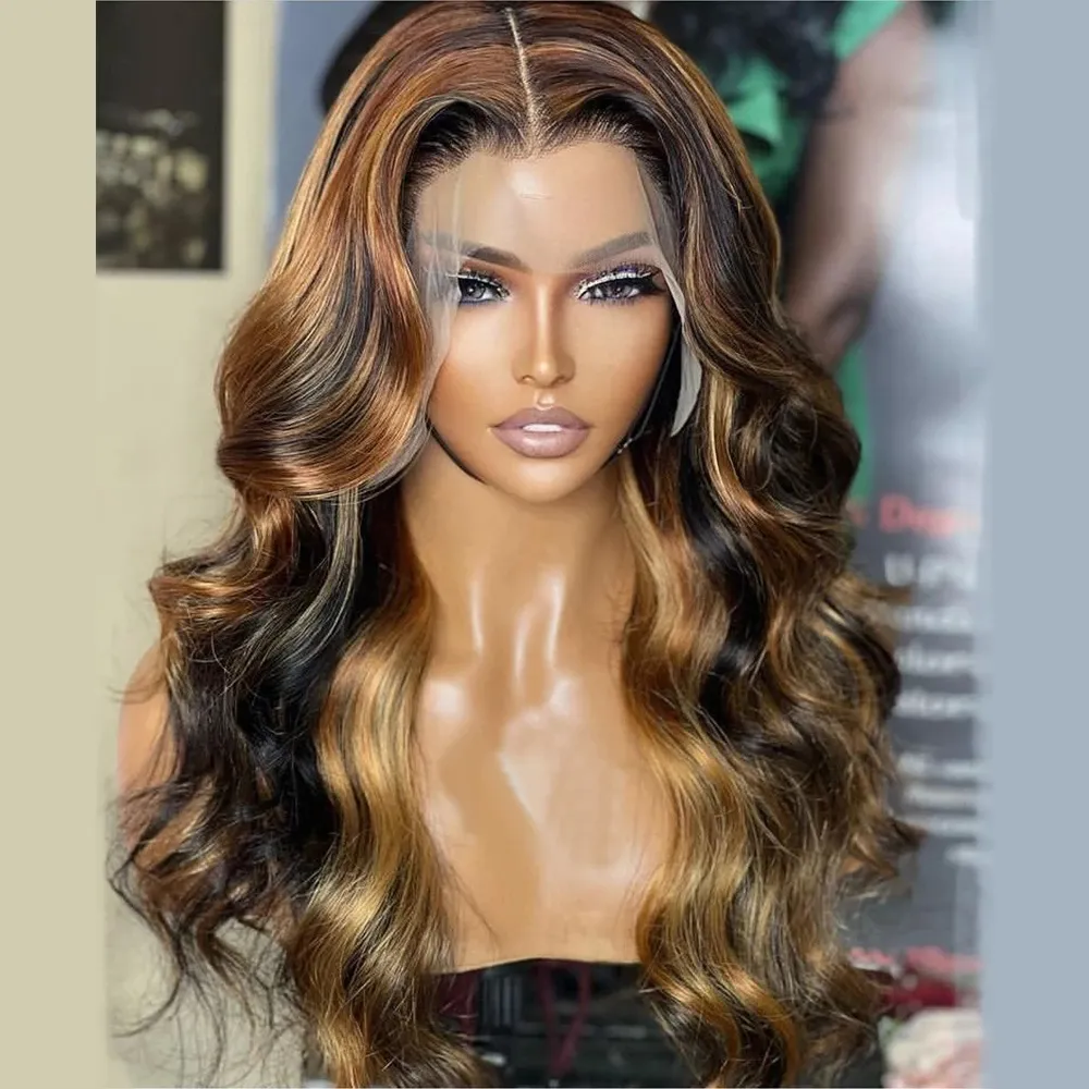 HD Transparente renda frontal Human Human Destaque Mel onda de corpo loiro ombre de cor 360 peruca frontal Bleached Wavy 150%densidade Perruque