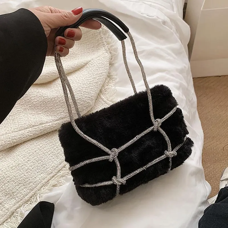 Evening Bags Luxury Rhinestone Shoulder Bag For Women Winter Plush Underarm Designer Armpit Handbag Fashion Lady Shopping BagEvening