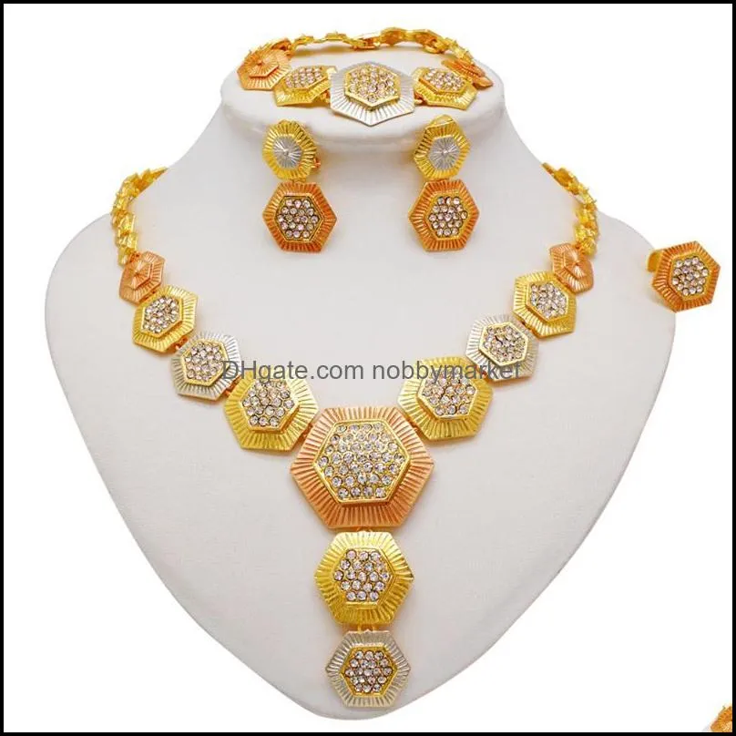 Earrings & Necklace Dubai Gold Color Jewelry Sets For Women Luxury Hexagon Bracelet Ring India African Wedding Ornament Wife Gifts