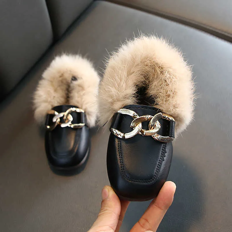 Mode Flat Skor Tjejer Vinter Varm Toddler Skor Barn Barnens Kanin Plush Fur Princess Square Head Leather Shoe Girl