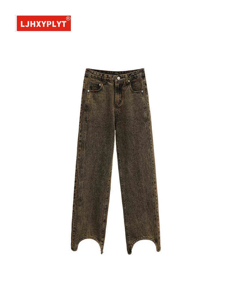 Krökt hög midja dyn brun rak jeans kvinnors sommar nya amerikanska retro lös high street mopping denim byxor tidvatten kvinnlig t220728