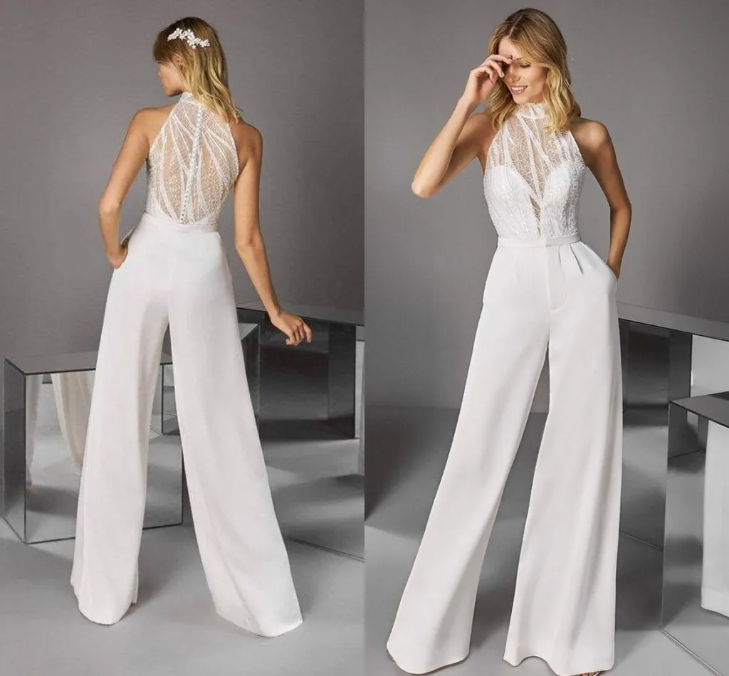 Beach Wedding Jumpsuit dress Tulle Illusion Lace High Neck Skew Collar Backless Fashion Office Lady Straight Pants Romper