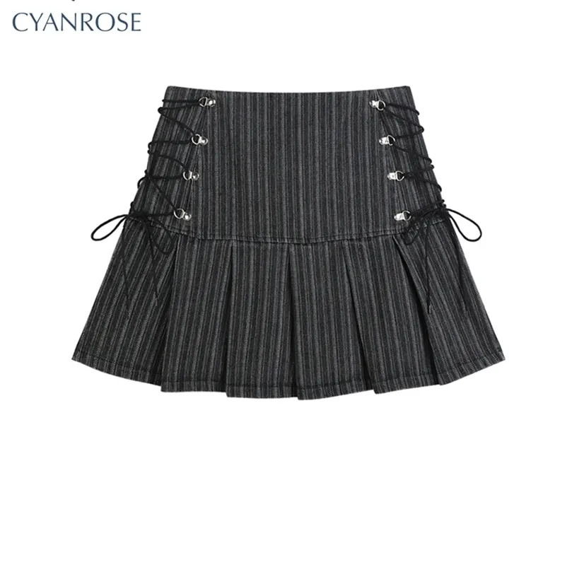 Y2k Pleated Skirt Women Sexy High Waist Grey Stripe Bandage Mini Skirts Summer A Line Skirt Vintage Harajuku Streetwar 220505