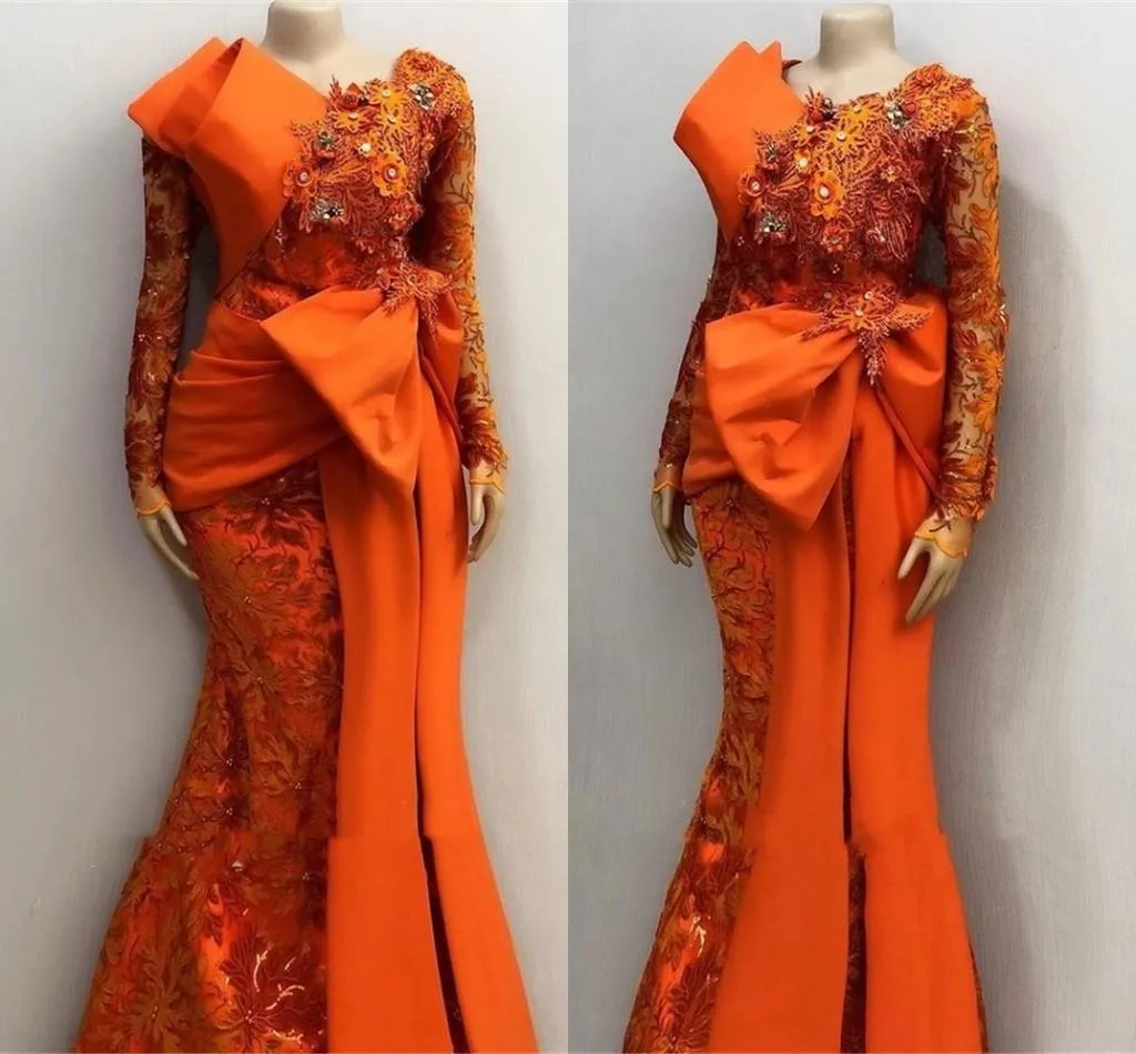 Vestidos de noite de mancha de renda laranja 2022 manga longa arco grande arabic arábico africano Aso ebi 3d Lace floral plissado vestido de baile