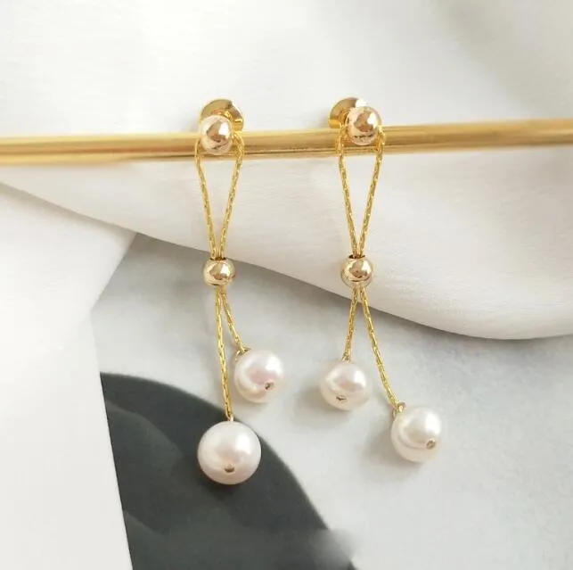 18k Guldpläterad långa dubbla pärlor Stud Dangle Candelier Freshwater Pearl Earrings White Lady/Girl Fashion Jewelry
