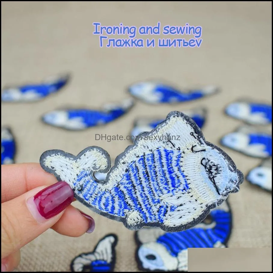 10pcs diy blue fish embroidery appliquees for kid clothing iron transfer applique for garment fabrics badges accessories