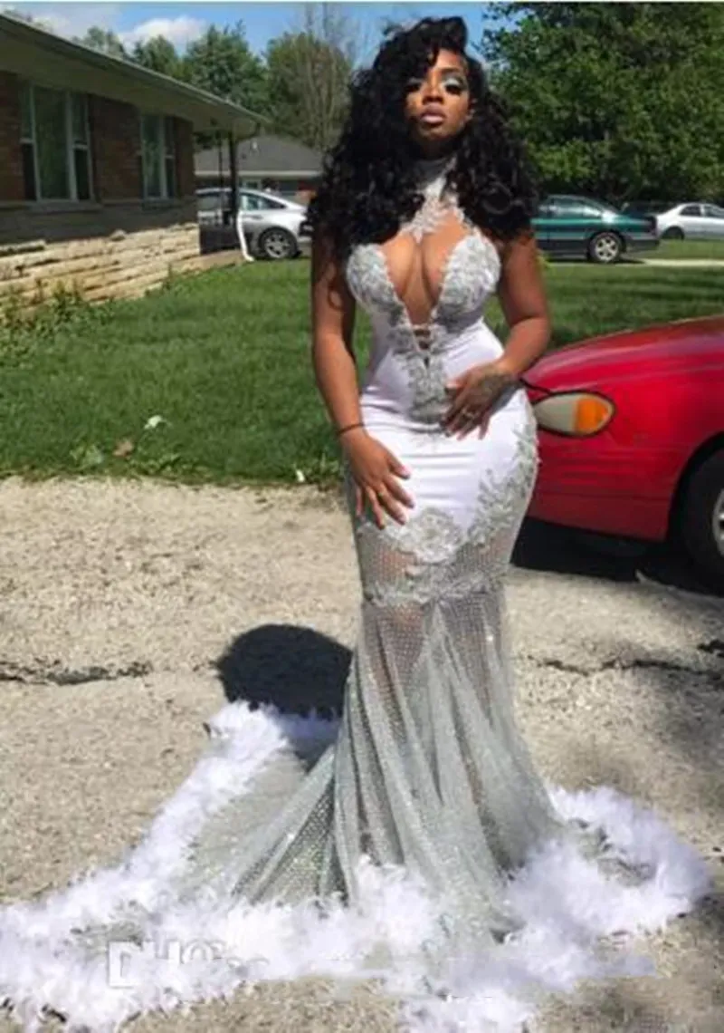 South African Prom Dresses 2k22 Lace Appliques Backless Evening Gowns Tulle  Sweep Train Feather Mermaid Women Formal Wear