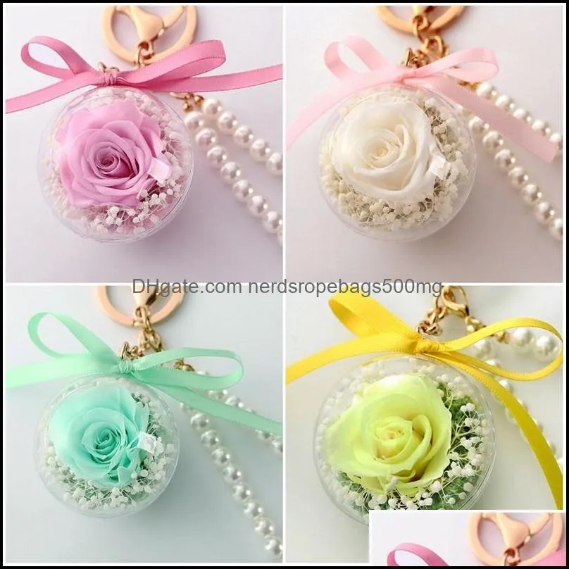 Preserved Rose Flower In Acrylic Ball Key Chain Immortal Flower Tassel Romantic Gift Valentine`s Day Birthday1 1386 T2
