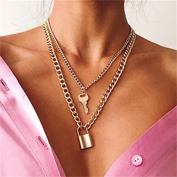 Chokers stainless steel chains punk padlock necklaces for women rock hiphop key lock necklace men chic gifts GC991