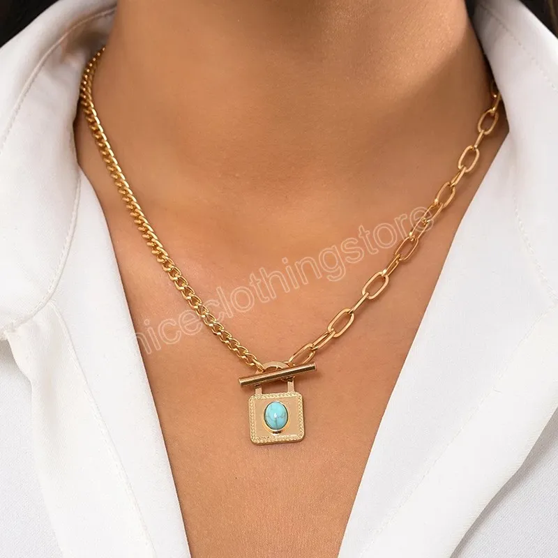 Enkel Green Stone Square Pendant Necklace For Women Trendy Lock Halsband 2022 Fashion Jewelry for Neck Girls Accessories Gifts