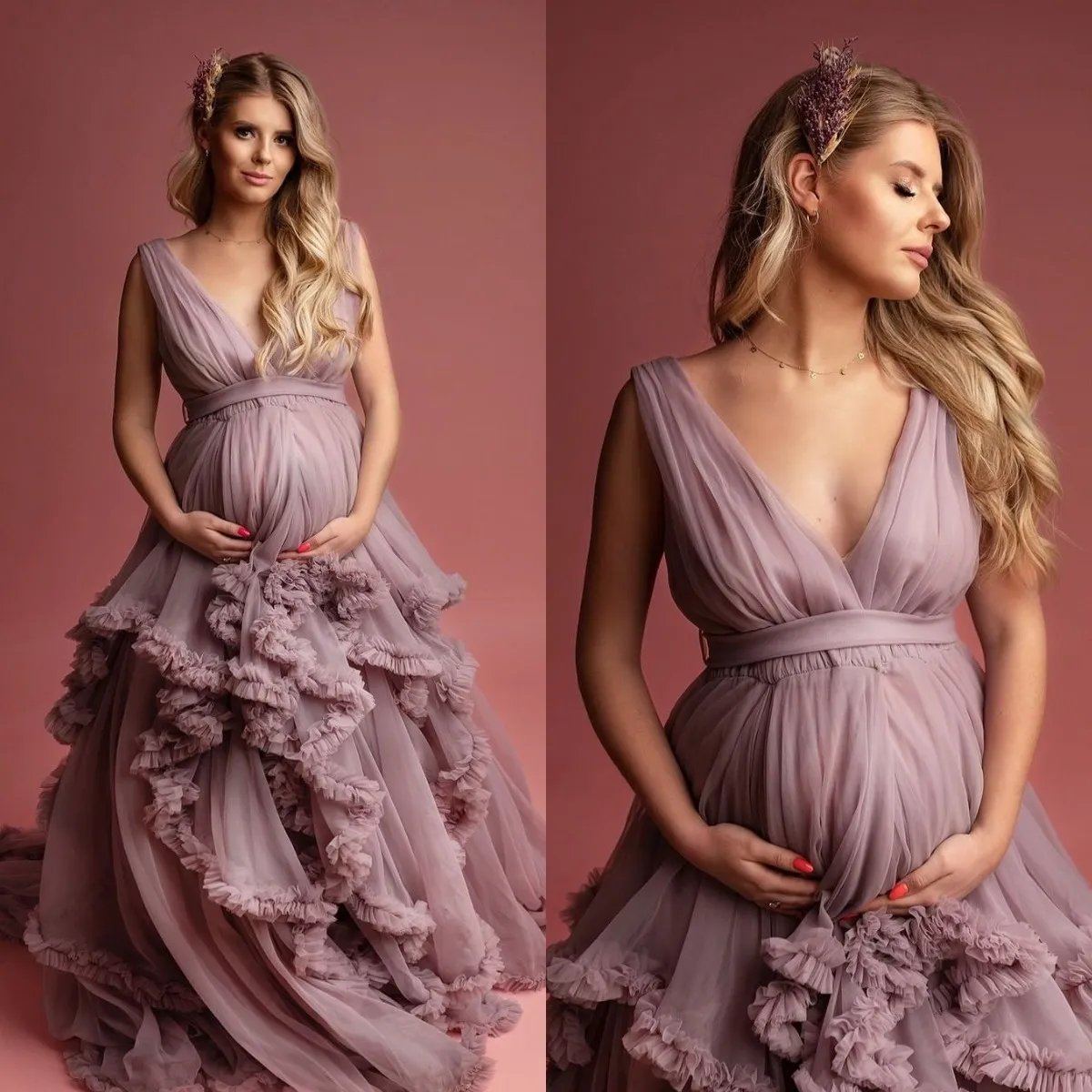 2022 Moderskapsklänning för fotograferingspom klänningar V Neck ärmlös tyll baby shower klänningar fest bär damer vestido de novia