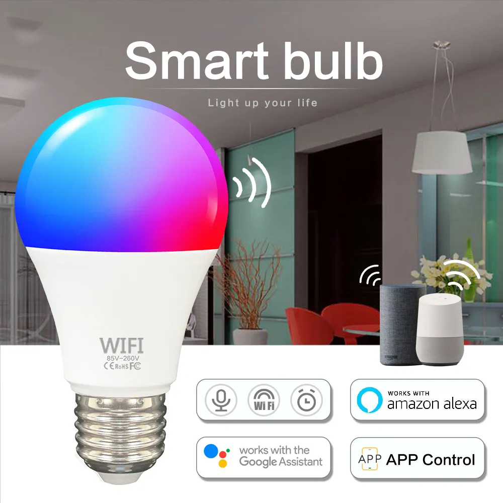 WiFi LED المصباح الذكي E27، RGB Alexa متصل لمبة 7W مع Alexa / Google الرئيسية / Siri، لا يوجد مركز مطلوب، 1 حزمة