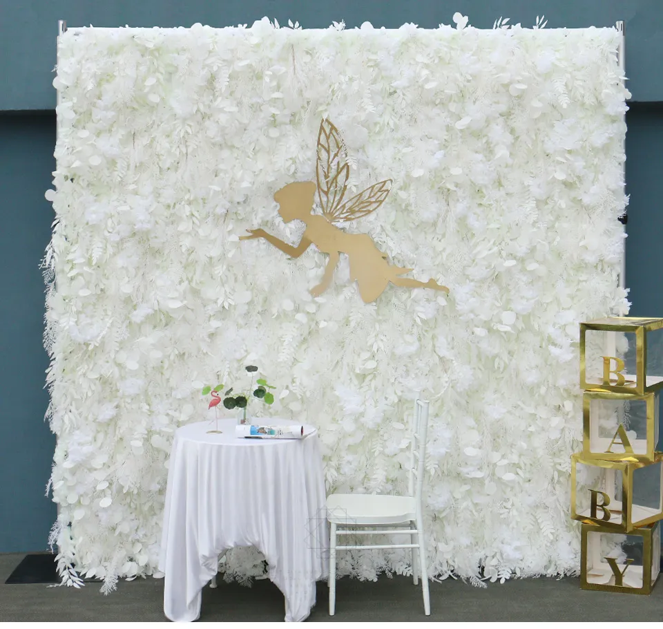 Pena branca enrolar a tela artificial flor folha plantas arranjo de parede cenário casamento decoração floral decoração foto adereços