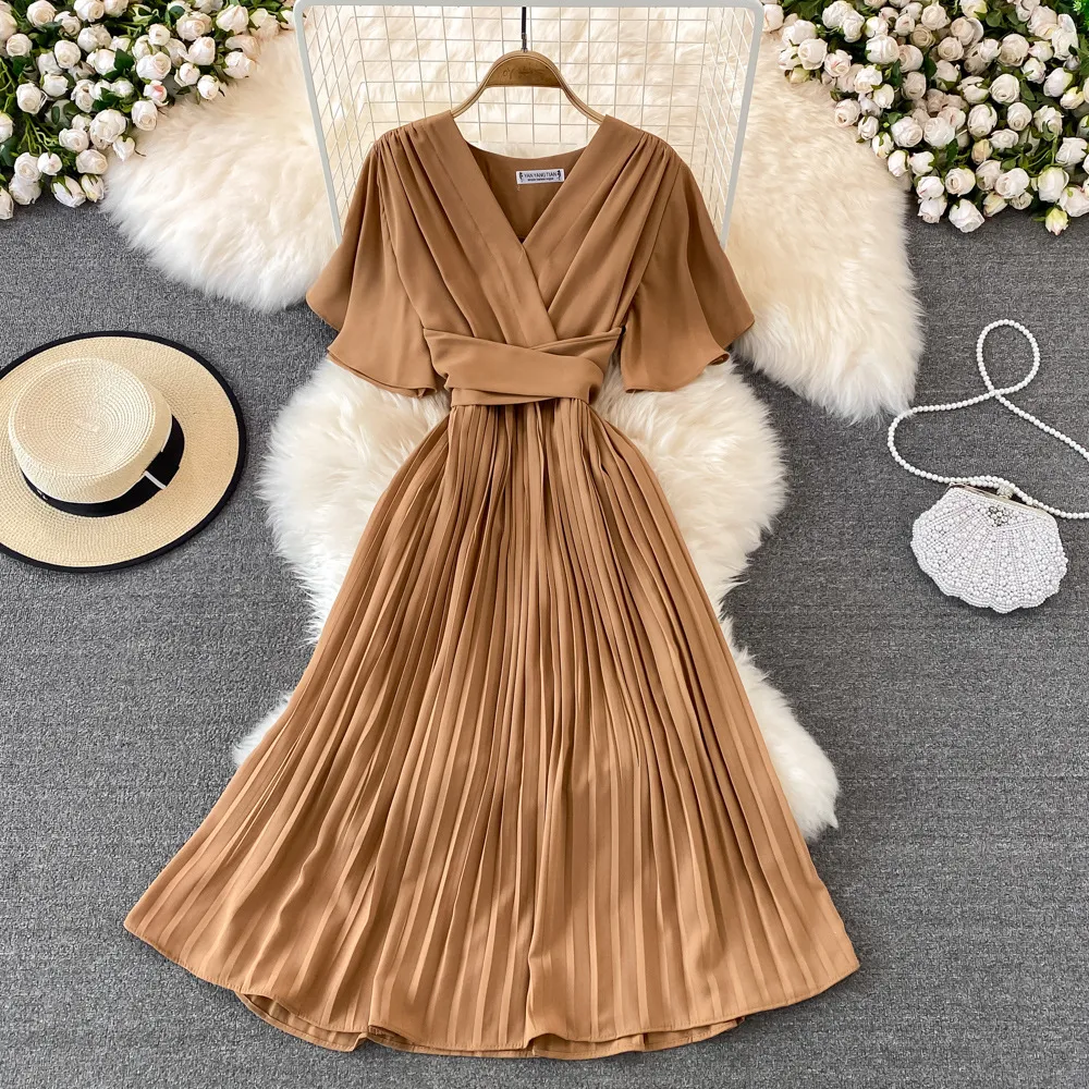 Belted Short-sleeve Dress Women's Solid Color V-neck Lace-up Waist Slim Pleated Office Lady Vestidos De MujerCasual