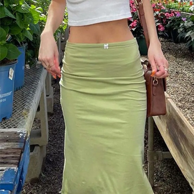 Gitana Bow High Waist Midi Skirts Outfits Streetwear Sexy Bodycon Slit Green Summer Women Party Holiday Kläder 220322