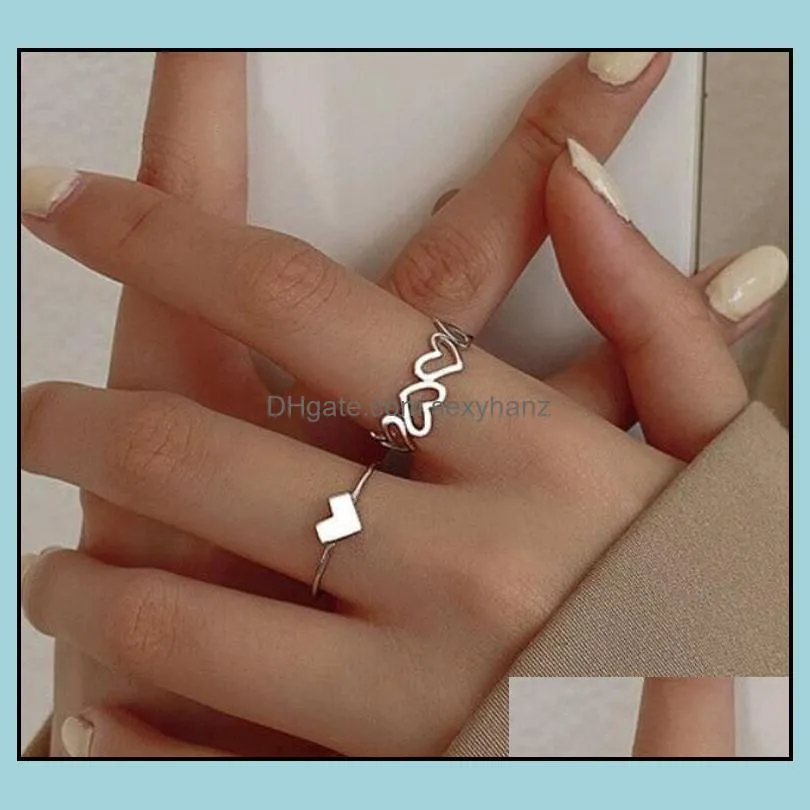 2pcs/set Women Fashion Simple Heart Band Rings Design Hollow Finger Ring For Girls Jewelry Gift wholesale