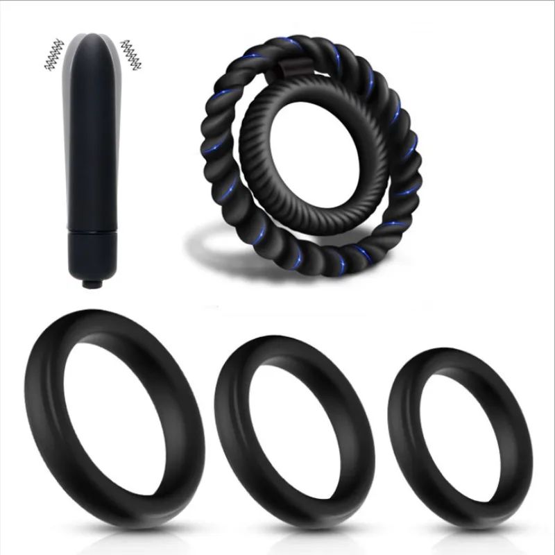 5pcs sexy Toys for Men Penis Ring Vibrator Male Delay Ejaculation Scrotum Cock Rings Lasting Cockring Bullet Vibration Adults Toy Beauty Items