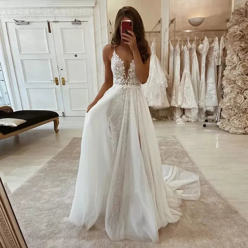 2022 Robe de mariée boho Spaghetti Strap Appliques dentelle Bohemian Robes de mariage en dentelle Robes nuptiales Trouwjurk Robe de Mariage