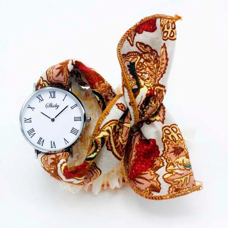 Armbandsur Shsby Ladies Flower Cloth Arvwatch Women Dress Watch Fashion Girl Casual Quartz Rom Big Dial Fabric Clock Birthday Present