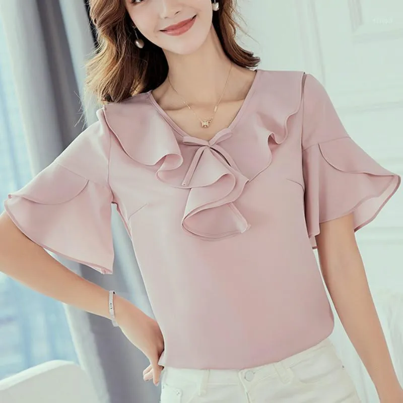 Vrouwen 2022 lente zomer blouse Koreaanse stijl shirt mode casual chiffon shirts korte mouw roze blouses plus size tops dames