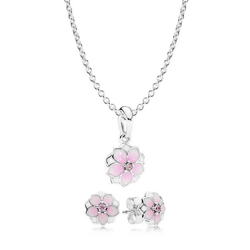 Ny bok DI 925 Sterling Silver Magnolia Bloom Necklace and Earring Set Fit Charm Original Necklace Women Jewelry A Set AA220315