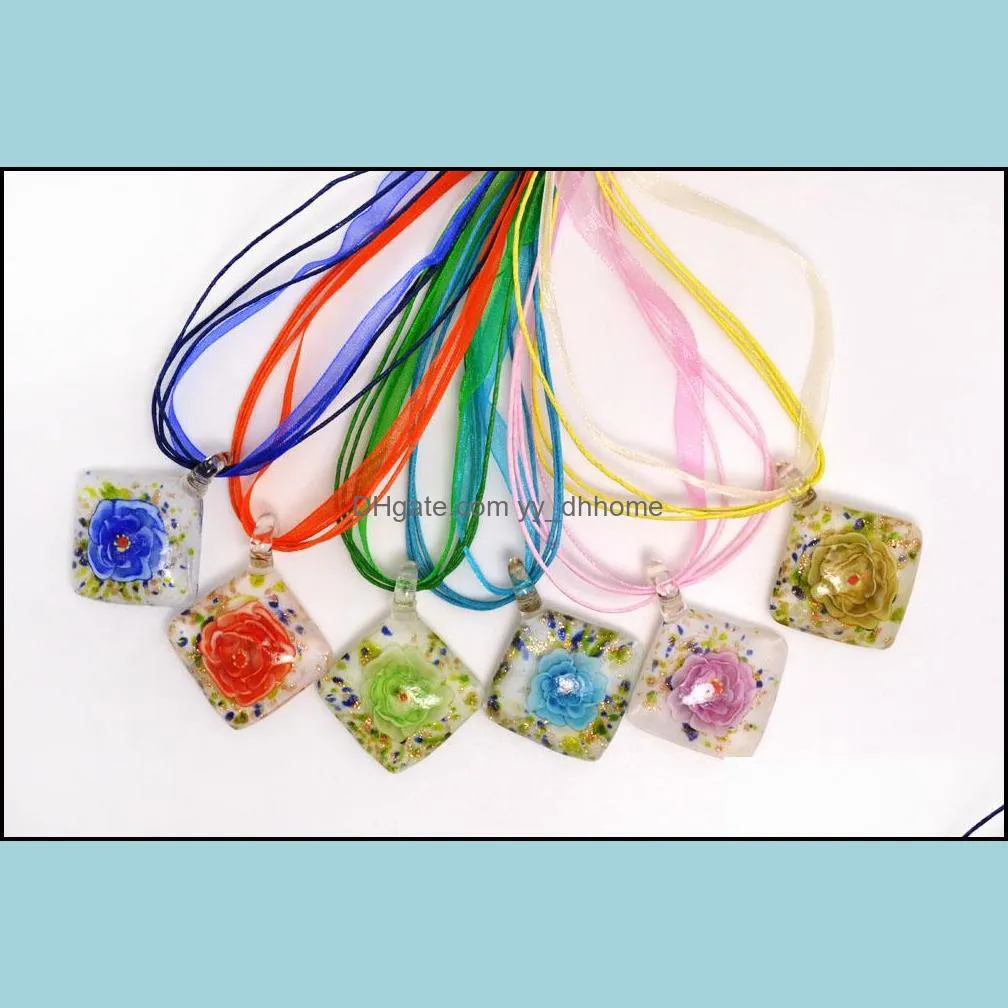 Pendentif Colliers Pendentifs Bijoux Mélanger Couleur À La Main Forme Carrée Murano Verre Fleur Intérieure Ne Dha0M