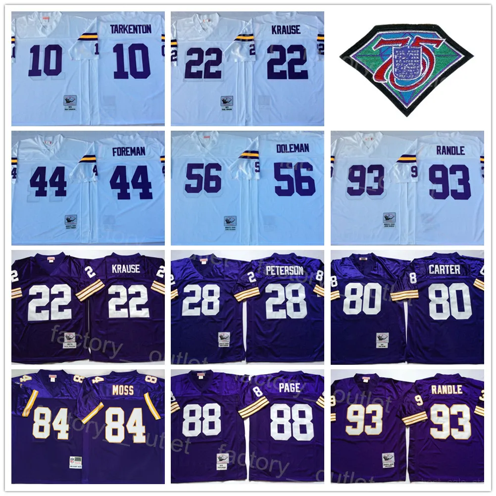 Throwback Football 10 Fran Tarkenton Jersey 75th 22 Paul Krause 28 Adrian Peterson 44 Chuck Foreman 80 Cris Carter 88