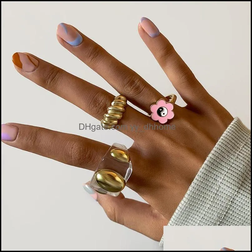 Fashion Dripping Sunflower Macaron Bank Ring Retro Simple Style Ethnic Transparent Acrylic Threaded Alloy Opening Joint Rings Finger Rock Jewelry