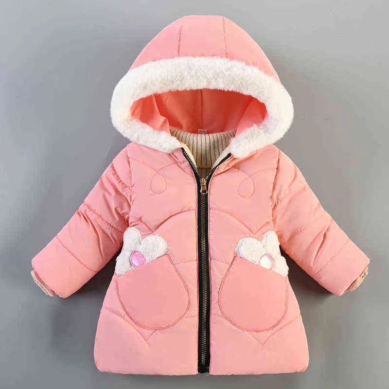 Cold Winter Baby Girls Outerwear Algodão de algodão com capuz Jackets Plus Velvet Children Jackets Infants Girl Jackets Parka 1 2 3 4Y J220718