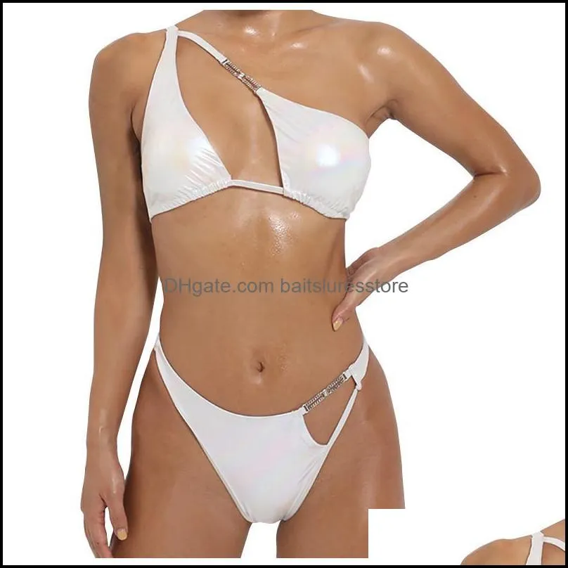 Women Sexy White Bikini Set Reflective Shiny Solid Color Hollow Halter Swimsuit Women Beach Split Swimsuit bañadores mujer 2021