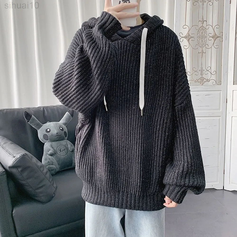 Maglione con cappuccio Uomo Pullover Maglione lavorato a maglia Maglione oversize Streetwear Moda coreana Streetwear Camicie a maniche lunghe larghe L220801