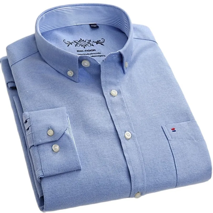 S ~ 6xl عارضة الرجال قميص الصلبة زائد حجم بأكمام طويلة زر أسفل طوق منتظم صالح سميكة أكسفورد الترفيه قميص رجالي أبيض أزرق 220324