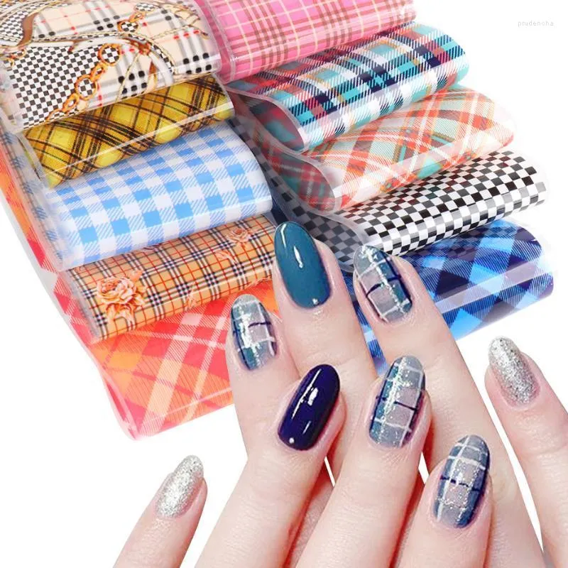Klistermärken dekaler 10st rutig designer nagel folier papper gitter tröja mönster konstöverföring lim wrap för manikyr jigz21 prud22