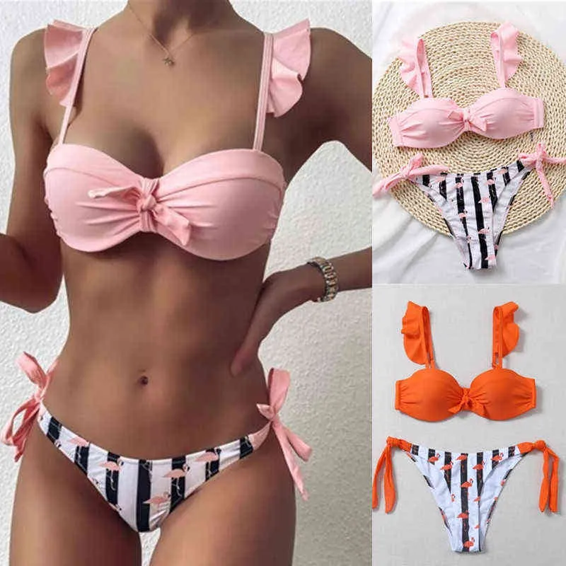 Women's 2Pcs Summer Beach Bathing Suit Bowknot Ruffle Sleeve Crop Tops + Striped Print Briefs Swimsuit Swimwear Y220423