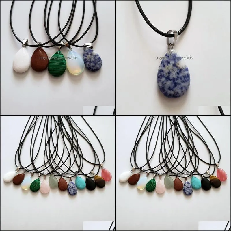 wholesale 24pcs/lot mixed natural stones pendants water drop pendulum leather chains necklace reiki fashion jewelry