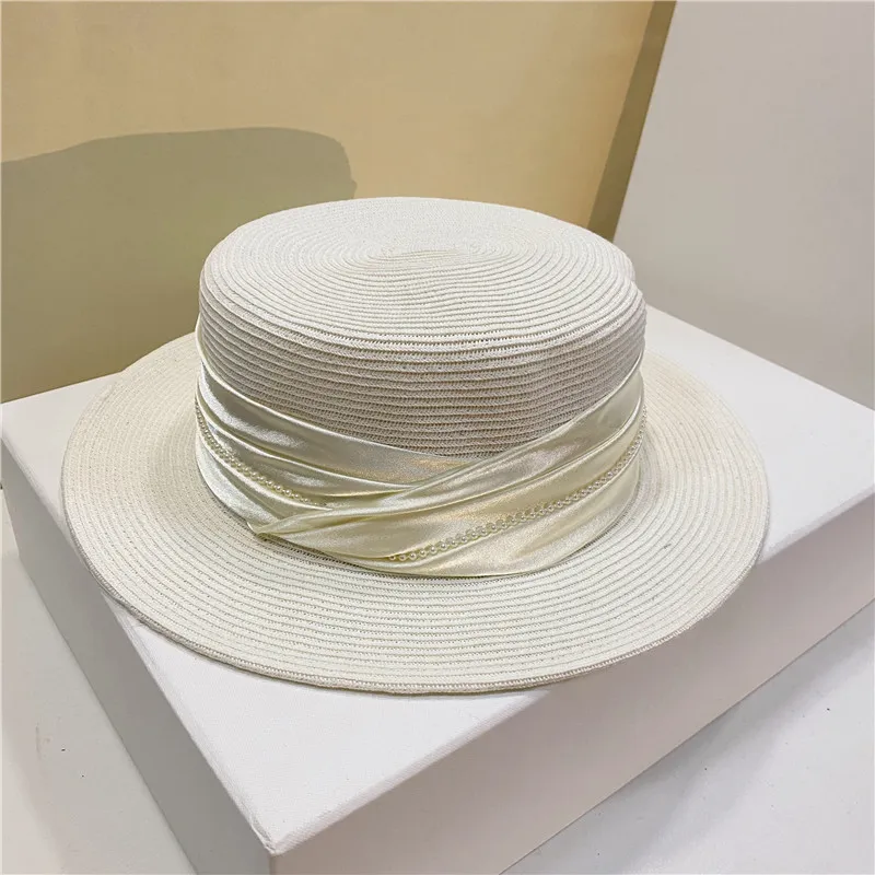 Grass Braid Women Beach Caps Wide Brim Silk Ribbon Hats Pearls Designers Lady Sun Cap Elegant UV Hat