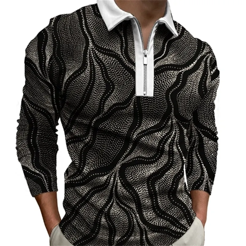 Big Yards Herrenbekleidung Schwarz bedrucktes, langärmliges, lässiges Poloshirt mit Reißverschluss und Umlegekragen 220608