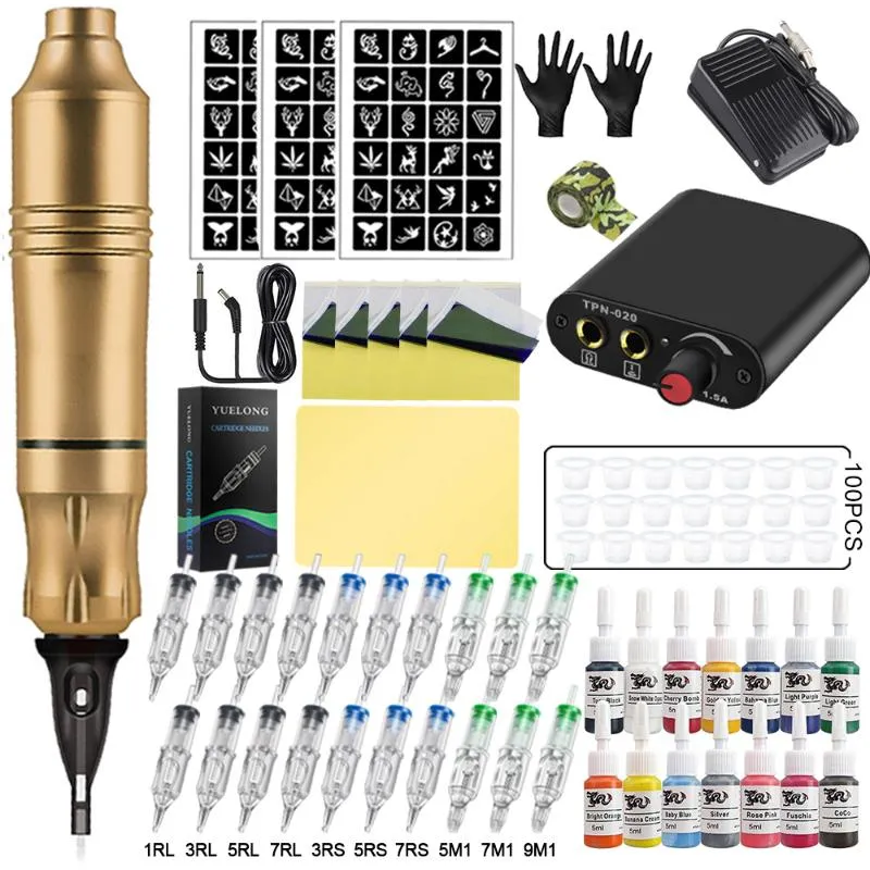 Tattoo Guns Kits Complete Machine Pen Power Supply Rotary Gun With 20pcs Cartridges Needles Permanent Makeup For ArtisTattoo GunsTattoo