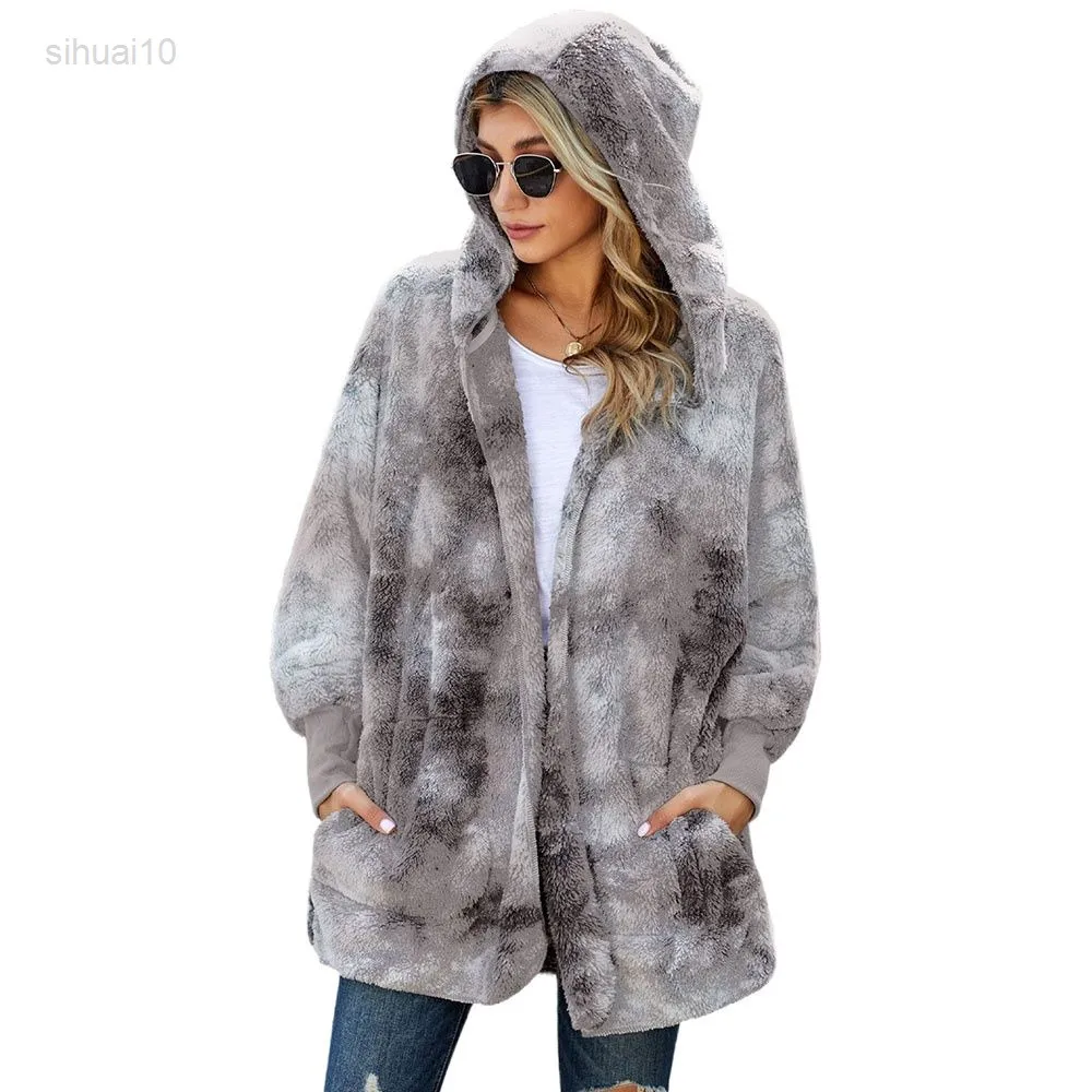 Women Hooded Fuzzy Vest Fleece 2021 Winter Jacket Open Front With Pokets L220725