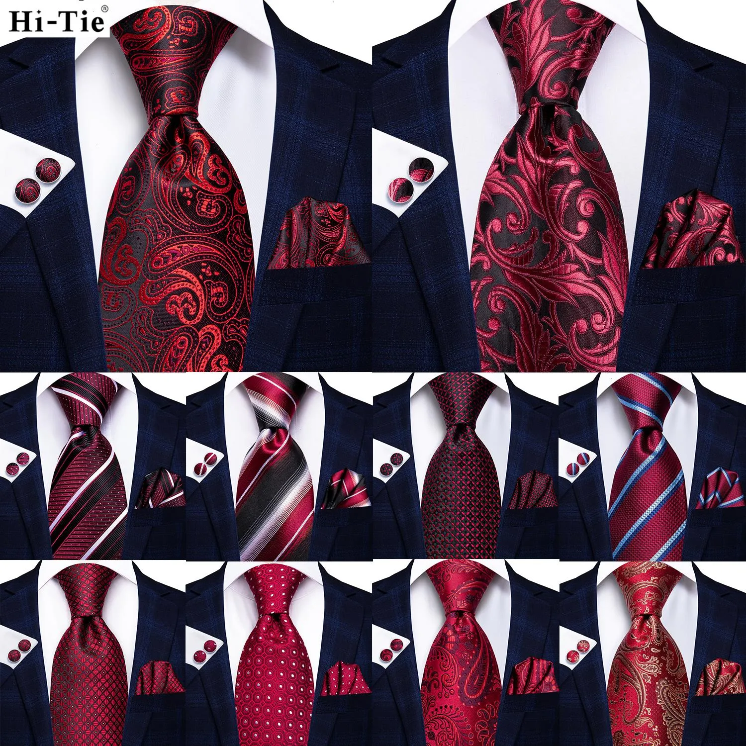 Burgundy Floral Striped Silk Wedding Tie For Men Design Mens Necktie Hanky Cufflinks Set Business Party Dropshipping