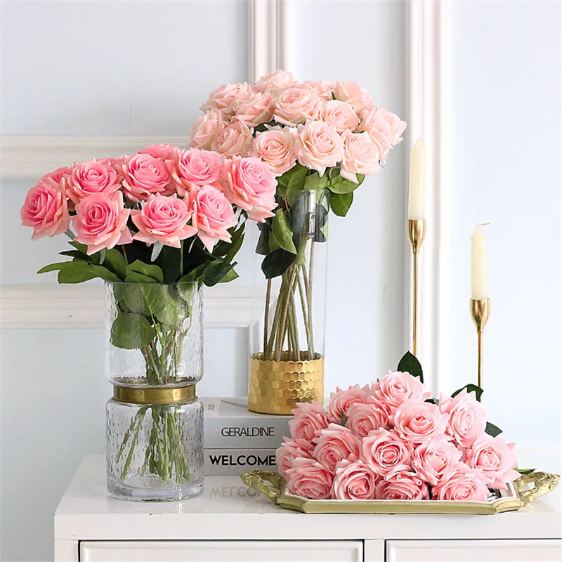 Roses artificielles hydratantes, roses de Champagne d'aspect réaliste avec tiges, fleurs de décoration de maison pour fête de mariage, réception-cadeau pour bébé