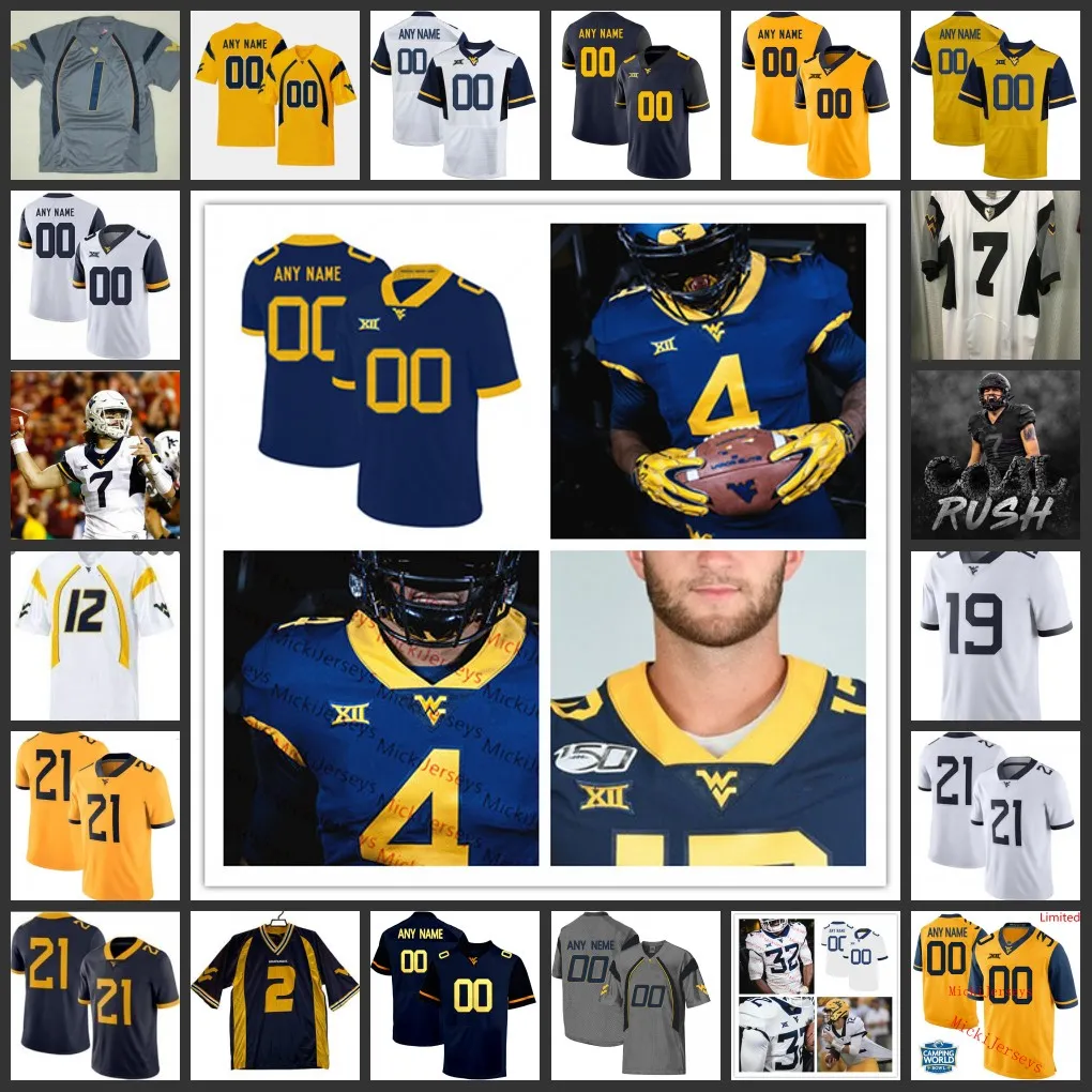 Custom WVU gestikt voetbalshirt 11 Kevin White 13 Andrew Buie 12 Geno Smith 3 Stedman Bailey 8 Karl Joseph 1 Tavon Austin 25 Justin Crawford Rasul Douglas Pat McAfee